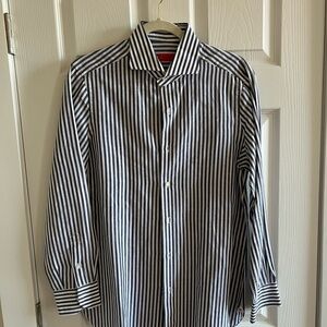 Isaia Navy and White Striped Shirt